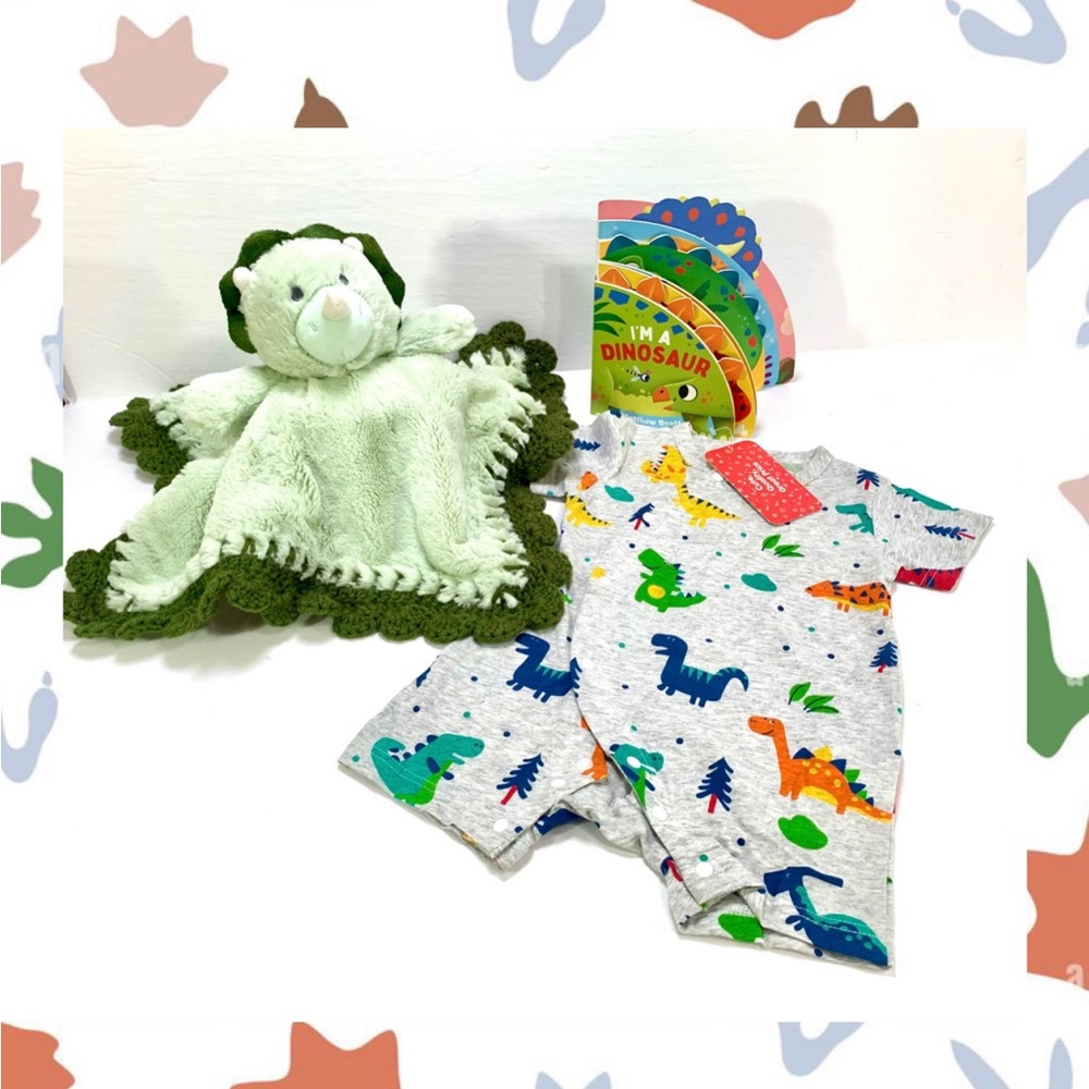 Triceratops Dinosaur Crochet Lovey Security Blanket Playsuit & Book Gift Set
